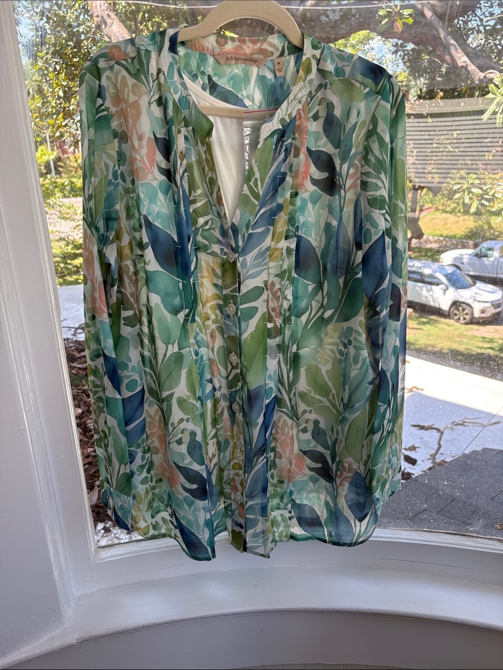 Soft Surroundings Sheer Botanical Button-Front Blouse in Green Blue Peach